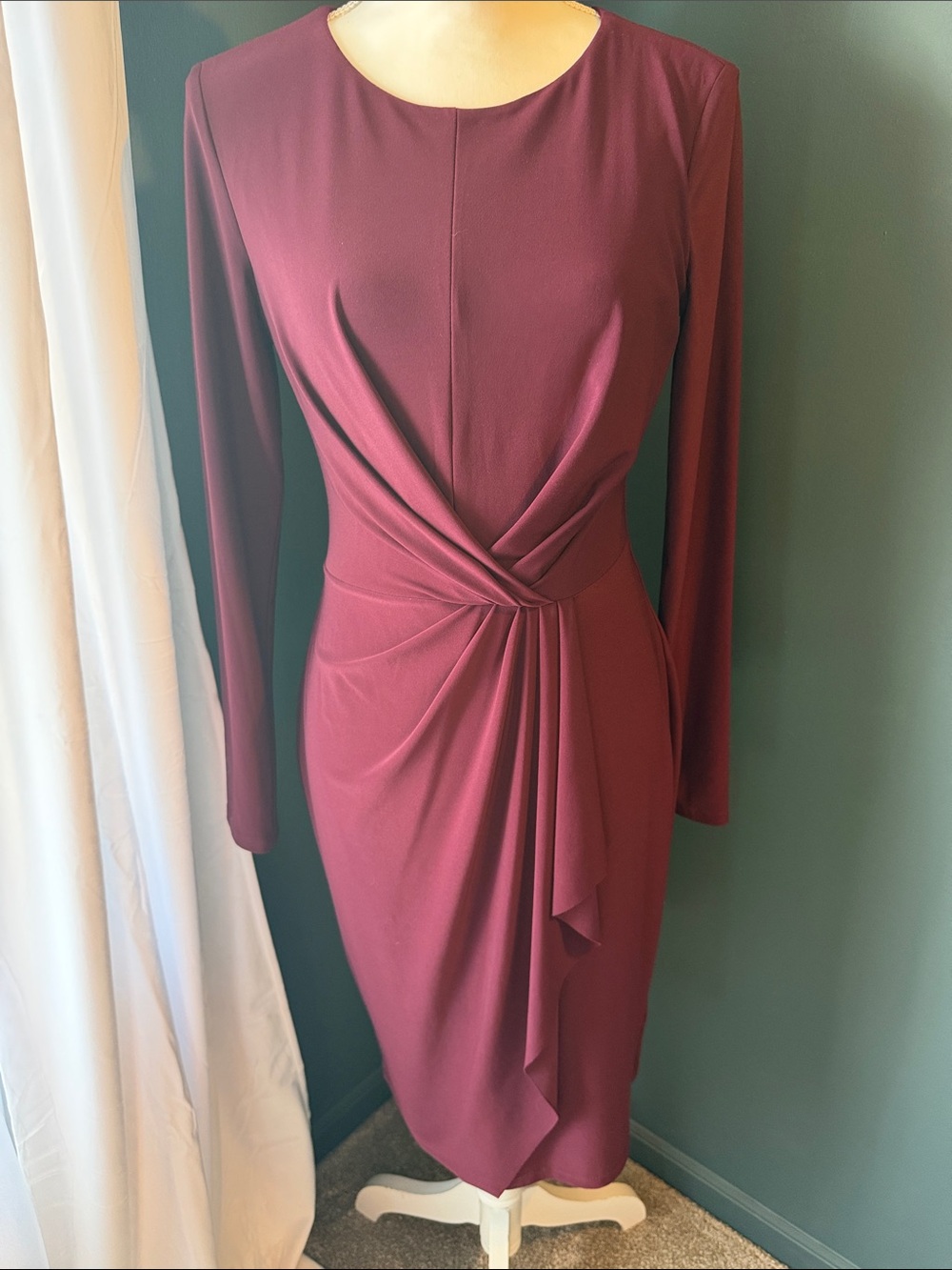 Ralph Lauren Burgundy Long-Sleeve Draped Knot Dress